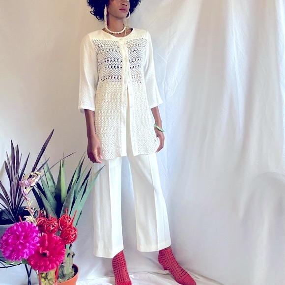 White crochet mixed textured top - Picture 4 of 11